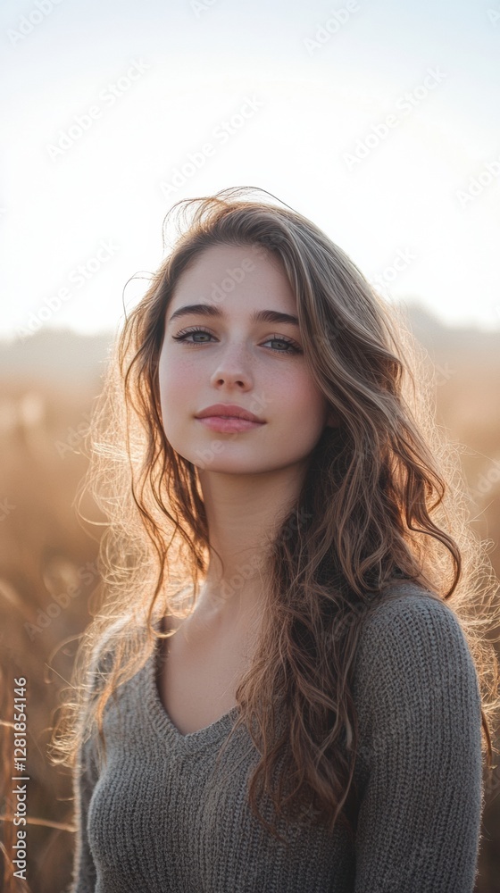 Young woman with wavy hair posing in golden field during sunset light capturing natural beauty and serenity. Generative AI Young woman with wavy hair posing in golden field during sunset light capturing natural beauty and serenity. Generative AI
