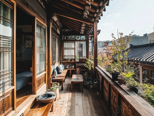 An inviting oriental balcony shows traditional home interior design elements photo