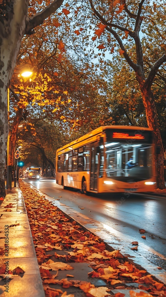 Obraz premium Autumn bus ride, city street, leaves