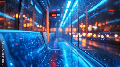Rainy Reflections: Capturing the City's Glow Through a Bus Window on a Wet Night, Featuring Bokeh Lights and Vibrant Blue Hues within the Urban Landscape.