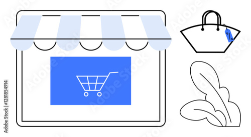 Storefront with shopping cart on screen, shopping bag with price tag, and abstract plant. Ideal for e-commerce, online stores, digital marketplaces, retail sales, online shopping experiences