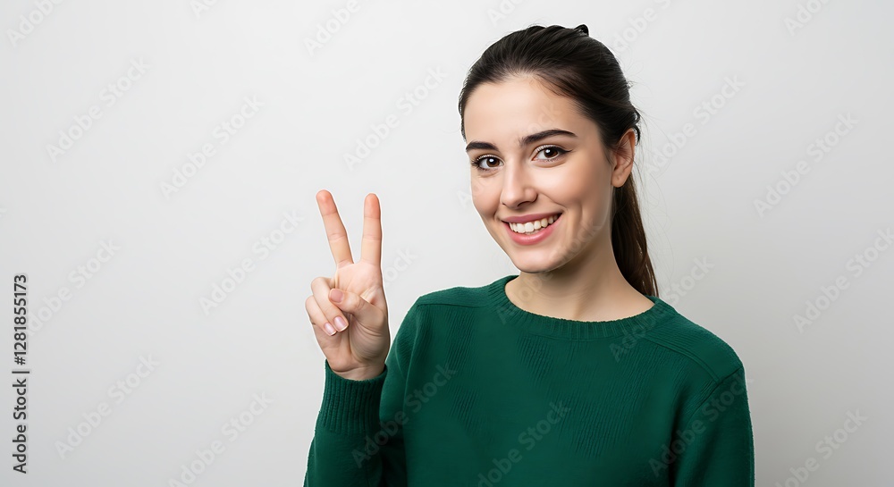 Showing Peace Sign or Victory sign Of Beautiful Woman wearing Green shirt Isolated On White Background Showing Peace Sign or Victory sign Of Beautiful Woman wearing Green shirt Isolated On White Background
