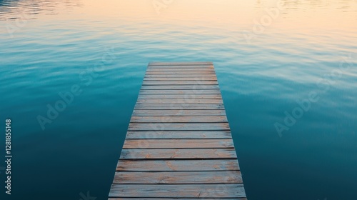 A serene wooden dock extends into calm, turquoise water, reflecting soft hues of a tranquil sunset sky.