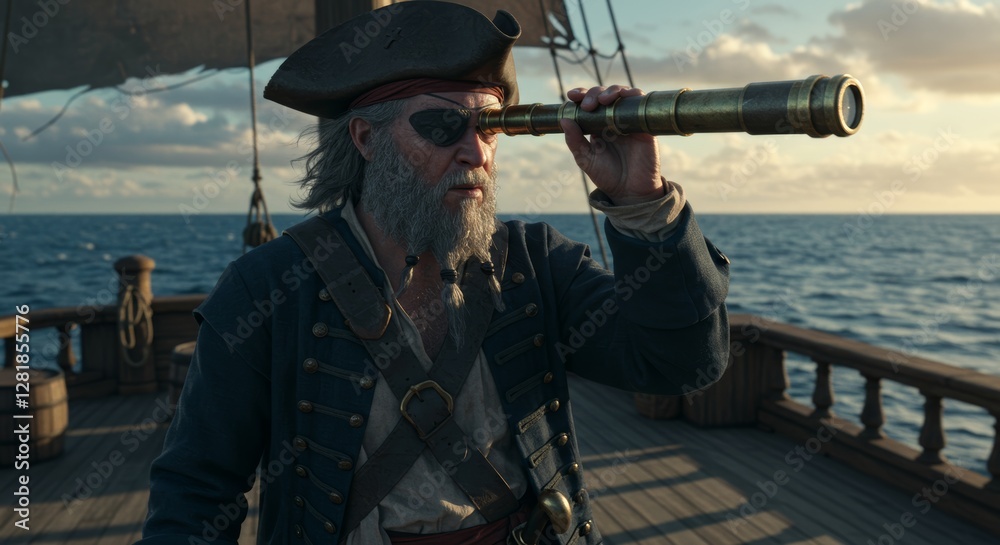 Fototapeta premium Weathered pirate captain using spyglass on wooden sailing ship deck