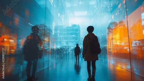 Urban Reflections: A Solitary Figure Amidst the Echoes of a Cityscape, Where Glass Walls Mirror the Ongoing Construction and the Subtle Presence of Passersby.