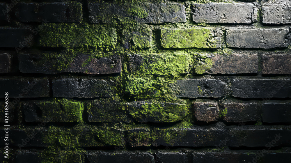 Naklejka premium Forest green moss on dark textured brick background for design