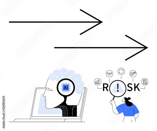 Two arrows symbolize progress AI chip in a robotic head on a laptop and a figure analyzing risk highlight innovation and future-focused collaboration. Ideal for AI, risk, progress, tech strategy