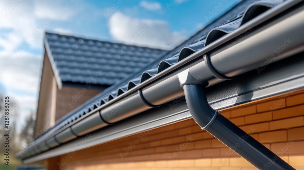Naklejka premium A close-up view of a modern roof gutter with a sleek design, complemented by a tiled roof and a clear blue sky.