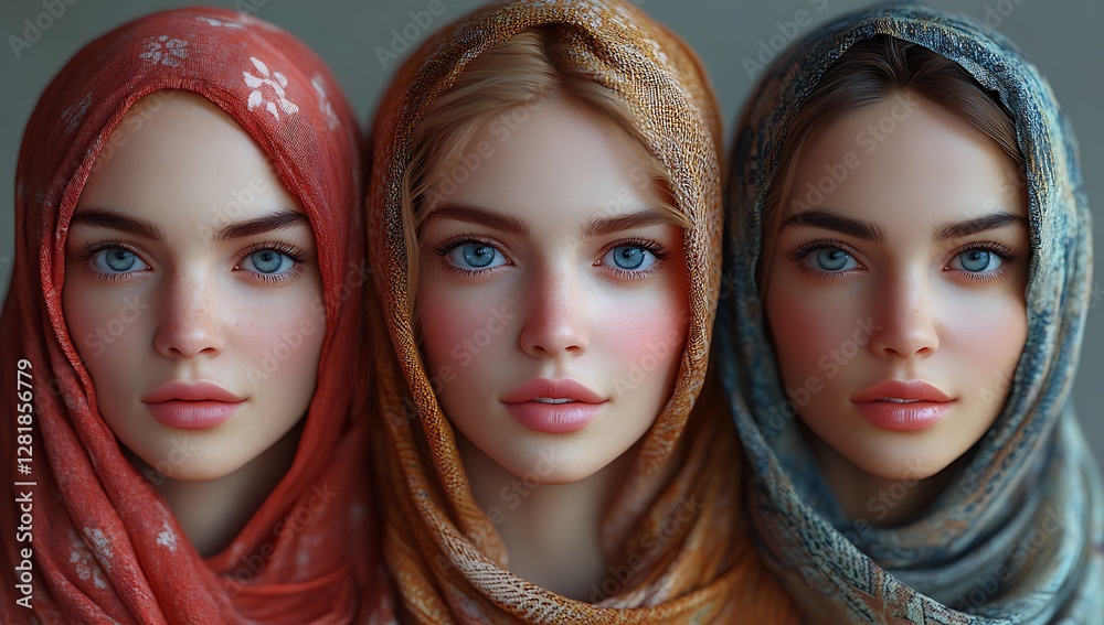 Obraz premium Three Individuals in Colorful Headscarves