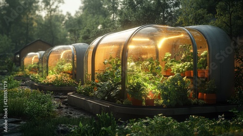 Luminous Garden Pods: A Serene Evening View of Illuminated Greenhouses Filled with Thriving Plants and Cultivated Crops in a Lush, Tranquil Setting