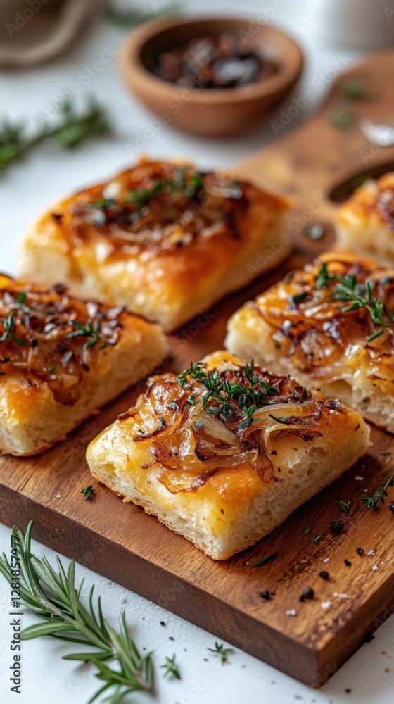 Delicious caramelized onion focaccia squares on a wooden board with fresh rosemary sprigs and coarse salt savory food photography Delicious caramelized onion focaccia squares on a wooden board with fresh rosemary sprigs and coarse salt savory food photography