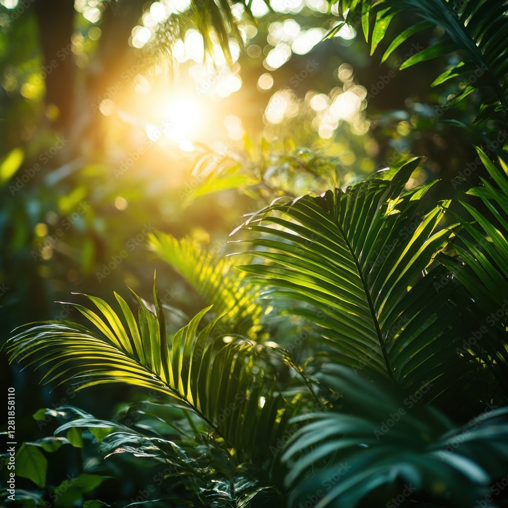 Fototapeta premium Lush Tropical Foliage Bathed in Golden Sunlight Creating a Serene and Exotic Atmosphere with Greenery and Sun Flare