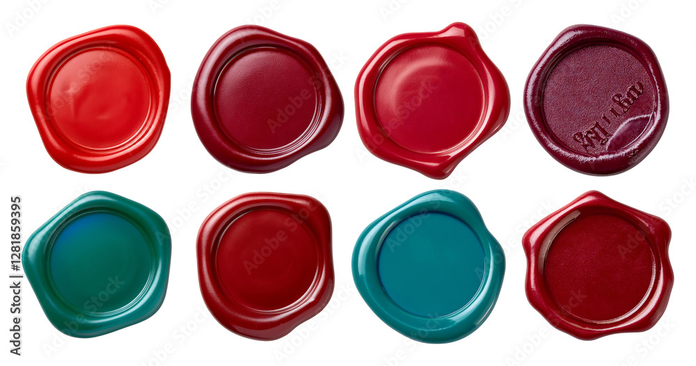 Colorful Wax Seals in Various Shapes and Rich Tones on White Background, isolated on transparent background