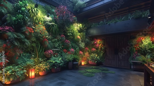 Lush Indoor Garden with Vibrant Flowers and Ambient Lighting