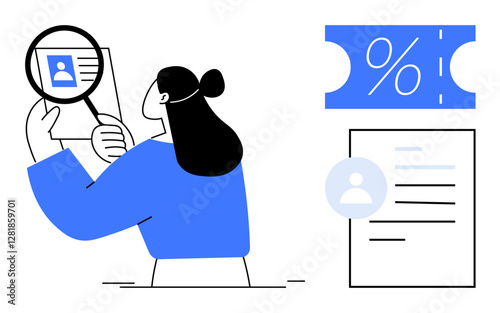 Woman examines ID card with magnifying glass. Nearby, a percentage discount coupon and an identification document. Ideal for identity verification, security, discounts, personal information