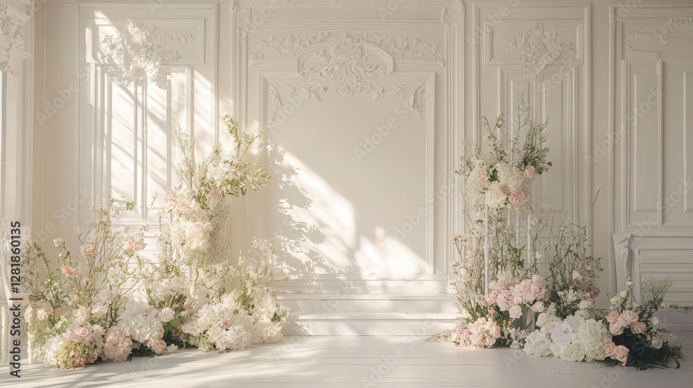 Fototapeta premium Elegant Floral Adornment in an Ornate, Light-Filled Interior Space