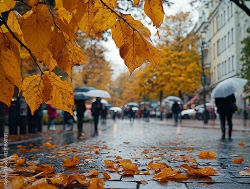 Rainy autumn city street, people walking (1)