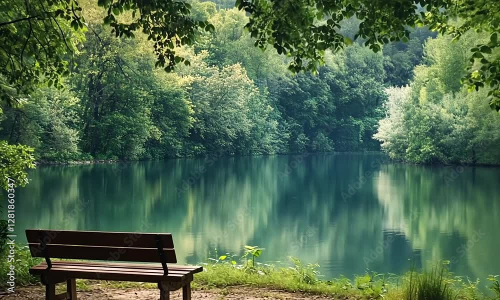 Serene Lakeside Scene with Wooden Bench and Lush Greenery Serene Lakeside Scene with Wooden Bench and Lush Greenery