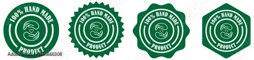 100% handmade product badge collection set on white background. Round handmade product stamp. Handmade seal for packaging. Handmade quality stamp vector. Handcrafted item badge design. Vector