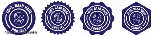 100% handmade product packaging badge collection set on white background. Round handmade product stamp. A handmade product label vector. Handmade seal for packaging. Label icon for handcrafted item