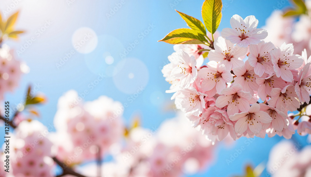 Fototapeta premium Blossoming cherry flowers against blue sky, springtime beauty