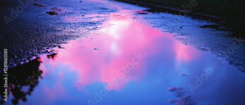 A puddle on a street reflects a brilliant, colorful sky, capturing the ethereal beauty of a moment often overlooked. photo