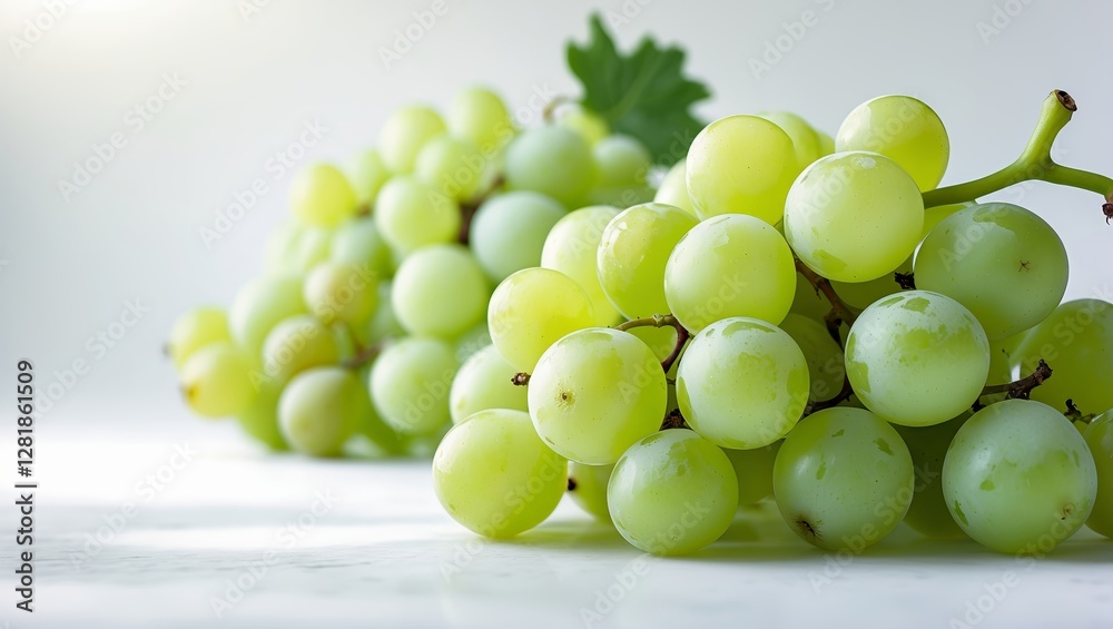 Fresh green grapes on a marble surface with soft lighting showcasing their texture and color Fresh green grapes on a marble surface with soft lighting showcasing their texture and color