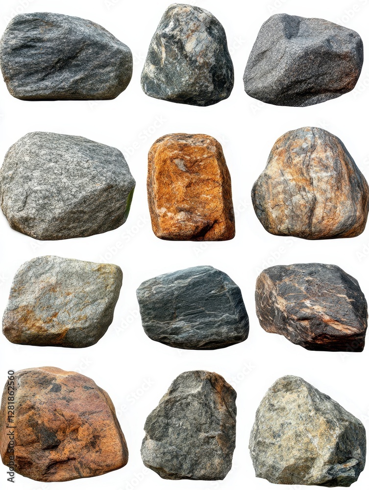 Varied rock collection showcasing diverse textures colors and formations against a clean backdrop for geological study and design resource Varied rock collection showcasing diverse textures colors and formations against a clean backdrop for geological study and design resource