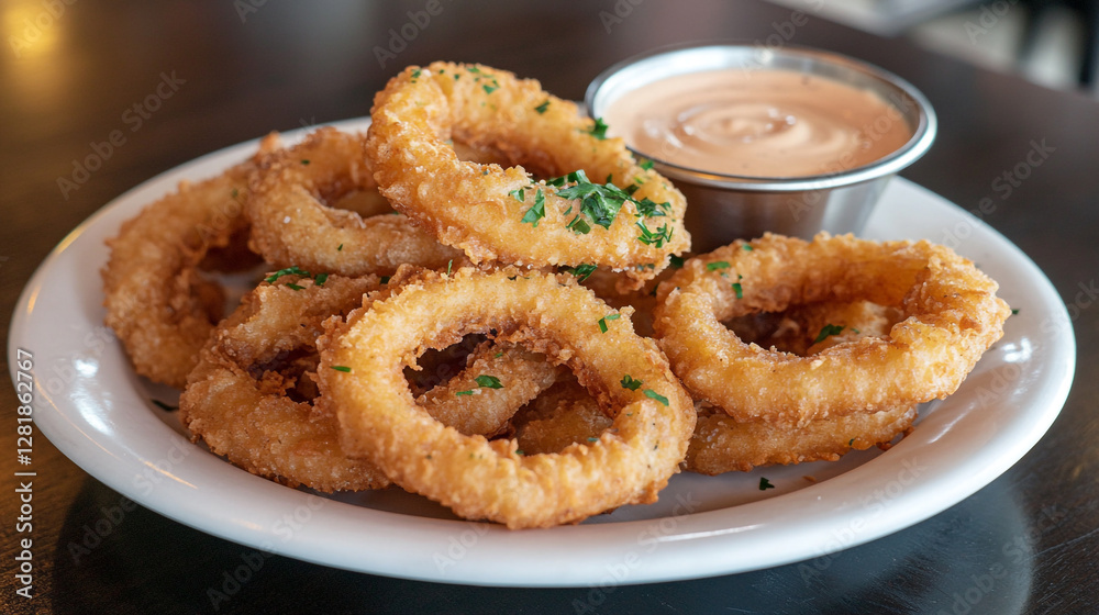 Delicious crispy fried onion rings with dipping sauce Delicious crispy fried onion rings with dipping sauce
