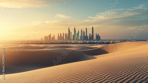 Fototapeta Naklejka Na Ścianę i Meble -  Golden sands and emerald towers under a breathtaking sunset in Abu Dhabi