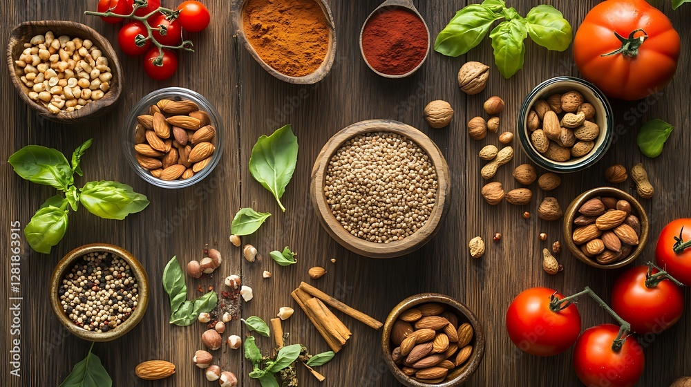 Aromatic Spices, Nuts, and Tomatoes on Rustic Wood Aromatic Spices, Nuts, and Tomatoes on Rustic Wood