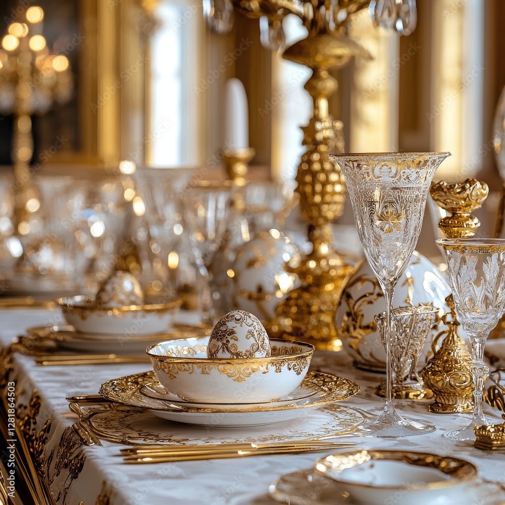Fototapeta premium Elegant Dining Table Setting with Fine China and Crystal Decor