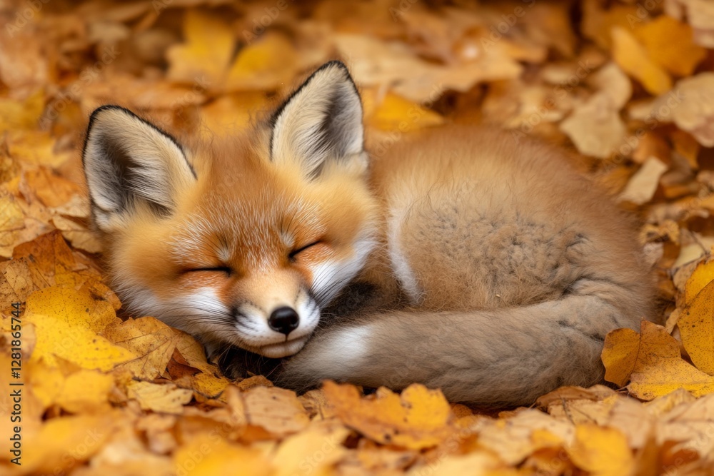 Fototapeta premium Fox curled up peacefully among vibrant autumn leaves in a forest setting, showcasing nature's tranquility