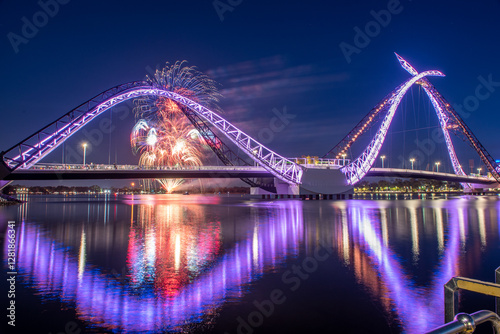 Matagarup bridge with fireworks, Perth Western Australia long exposure