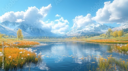 Serene Mountain Lake: Reflections of Clouds and Snow-Capped Peaks in Tranquil Waters, Framed by Autumnal Fields and Lush Forests Under a Bright Blue Sky photo