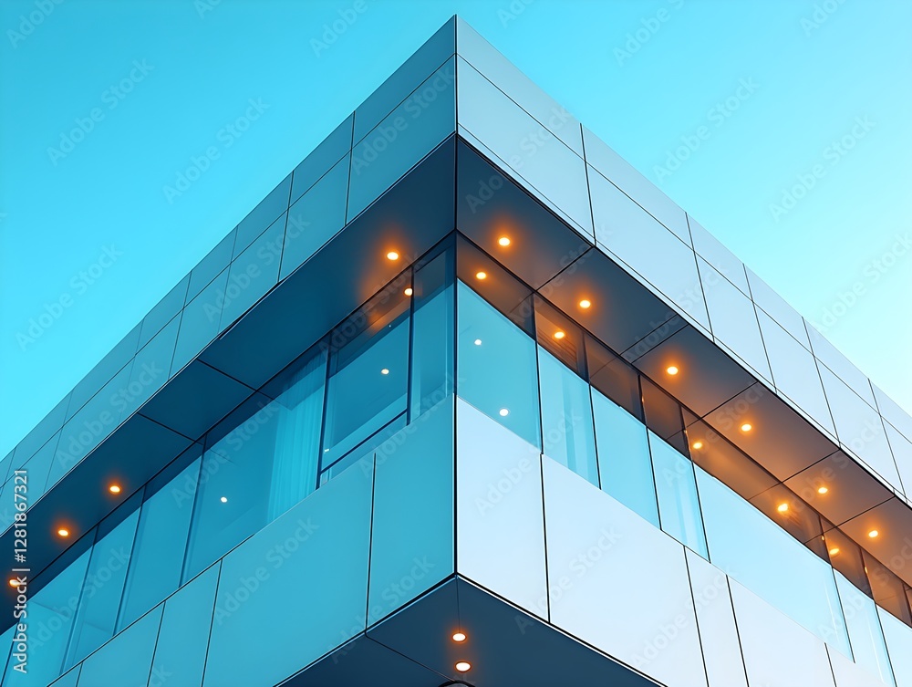 Fototapeta premium Close-Up of Geometric Modern Building Design Under Clear Blue Sky – Generative AI
