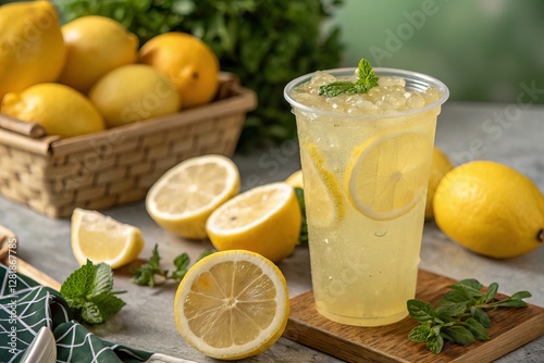 Refreshing iced lemonade in a plastic cup with lemon slices and mint, surrounded by fresh lemons on a rustic table. A perfect summer drink full of citrus flavor