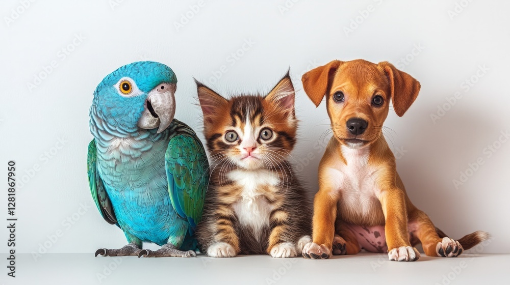 Fototapeta premium Colorful parrot, playful kitten, and adorable puppy sitting together, showcasing friendship among pets, animal companionship concept