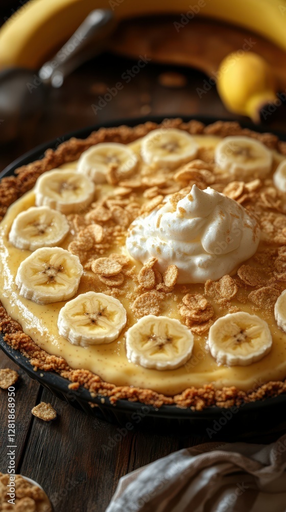 Delicious banana cream pie topped with bananas and whipped cream on a rustic wooden table Delicious banana cream pie topped with bananas and whipped cream on a rustic wooden table