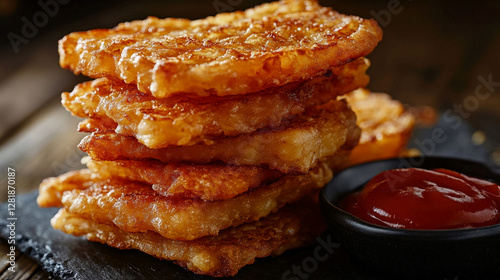 Stack of golden crispy fried potato latkes for Hanukkah photo