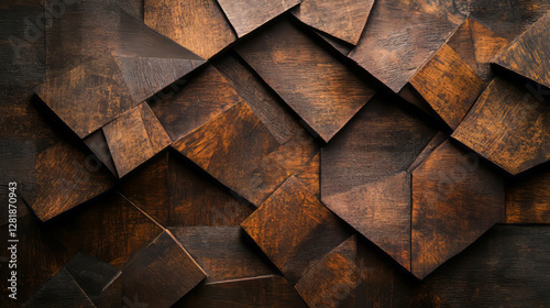 Abstract geometric hardwood wall design with textured shapes for interior decor