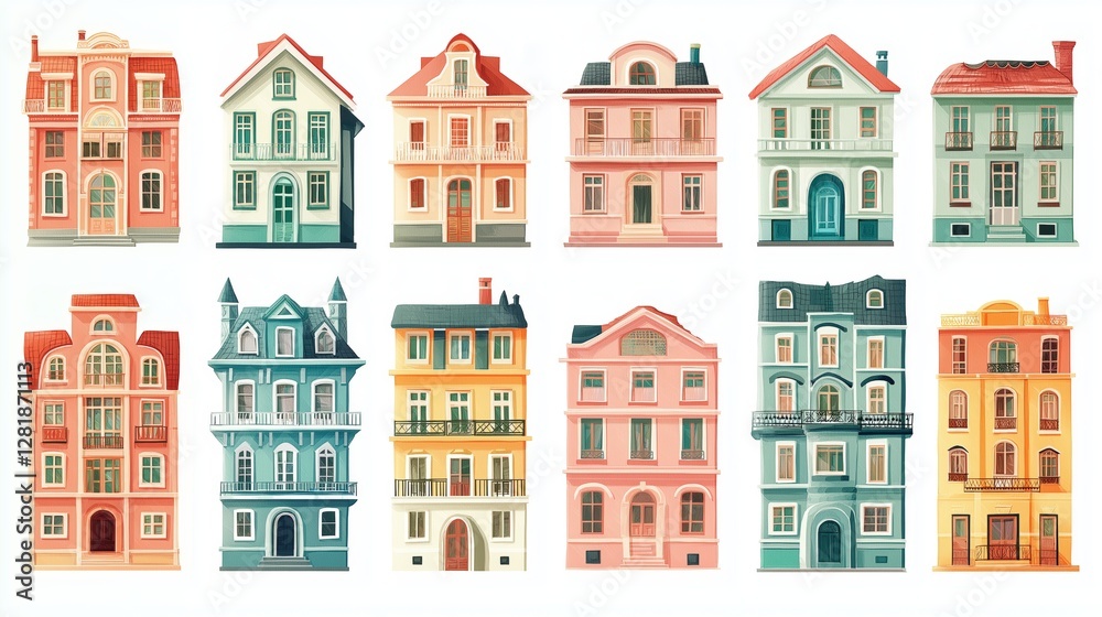 Colorful set of diverse houses showcasing charming architectural styles Colorful set of diverse houses showcasing charming architectural styles