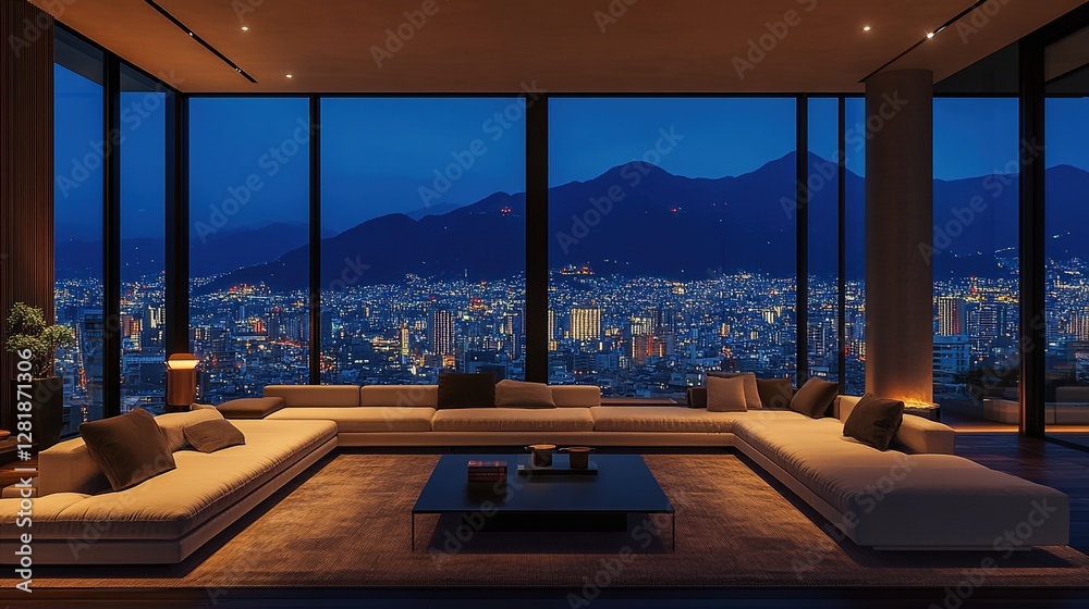 Fototapeta premium A large living room with floor-to-ceiling windows overlooking the city, a minimalist-style sofa and coffee table in front of it, a warm lighting atmosphere