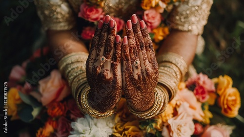 Henna hands, prayer pose, floral backdrop, wedding
