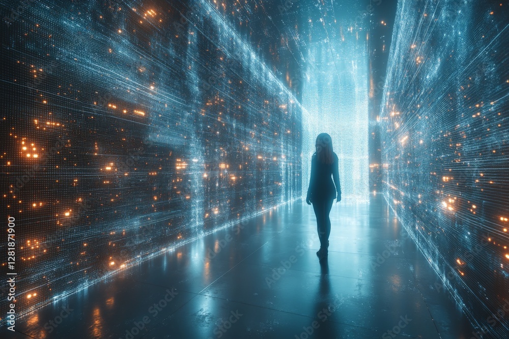 Exploring a digital tunnel filled with shimmering lights and futuristic designs at a technology exhibit Exploring a digital tunnel filled with shimmering lights and futuristic designs at a technology exhibit