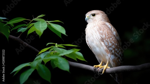 A bird of prey with a light brown and white plumage sits on a branch, facing right. photo