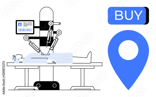 Medical robot operating on a patient on a surgical table, alongside a monitor displaying vital signs. Nearby, a Buy button and a location pin. Ideal for medical robotics, surgery innovation