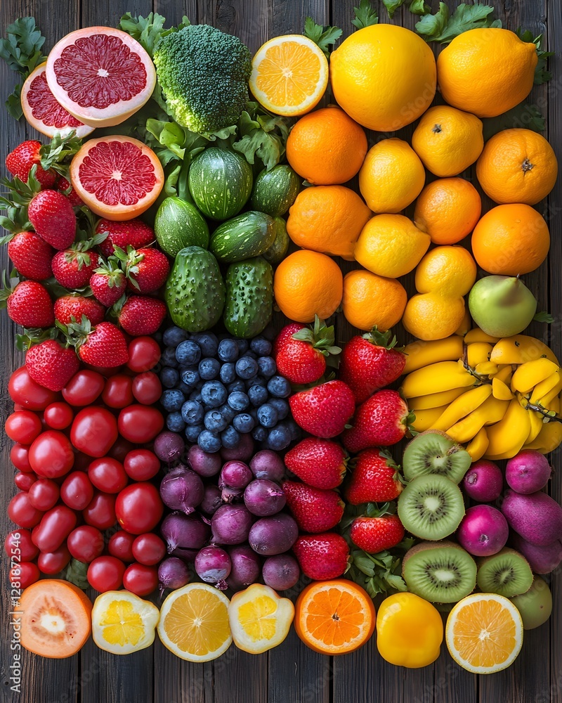 Colorful Array of Seasonal Fruits and Vegetables on Rustic Table – Generative AI Colorful Array of Seasonal Fruits and Vegetables on Rustic Table – Generative AI