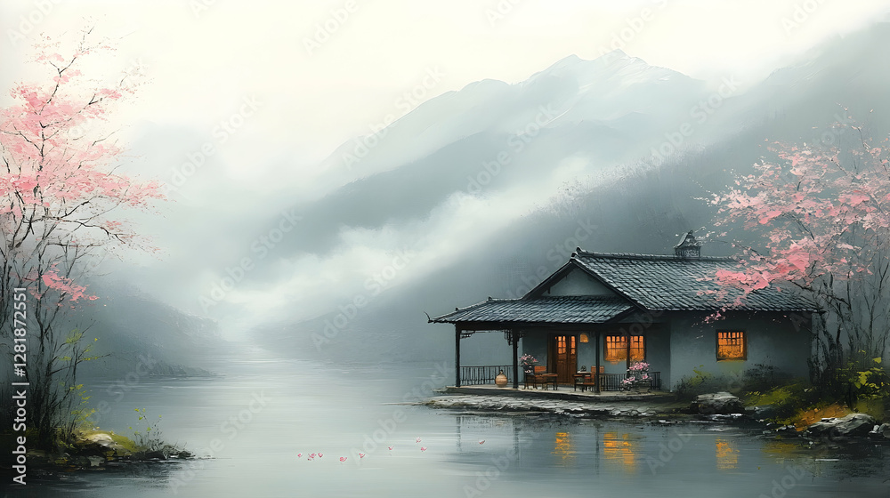 Fototapeta premium Serene mountain lake house, misty valley, pink blossoms, tranquil scene, calming art