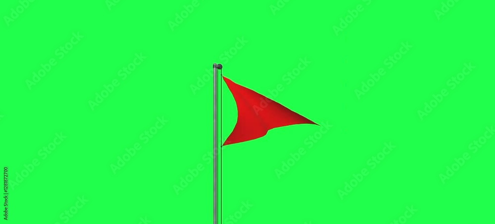  red triangular flag is raised high on a pole, red flag waving against a green background, symbolizing a swimming hazard.